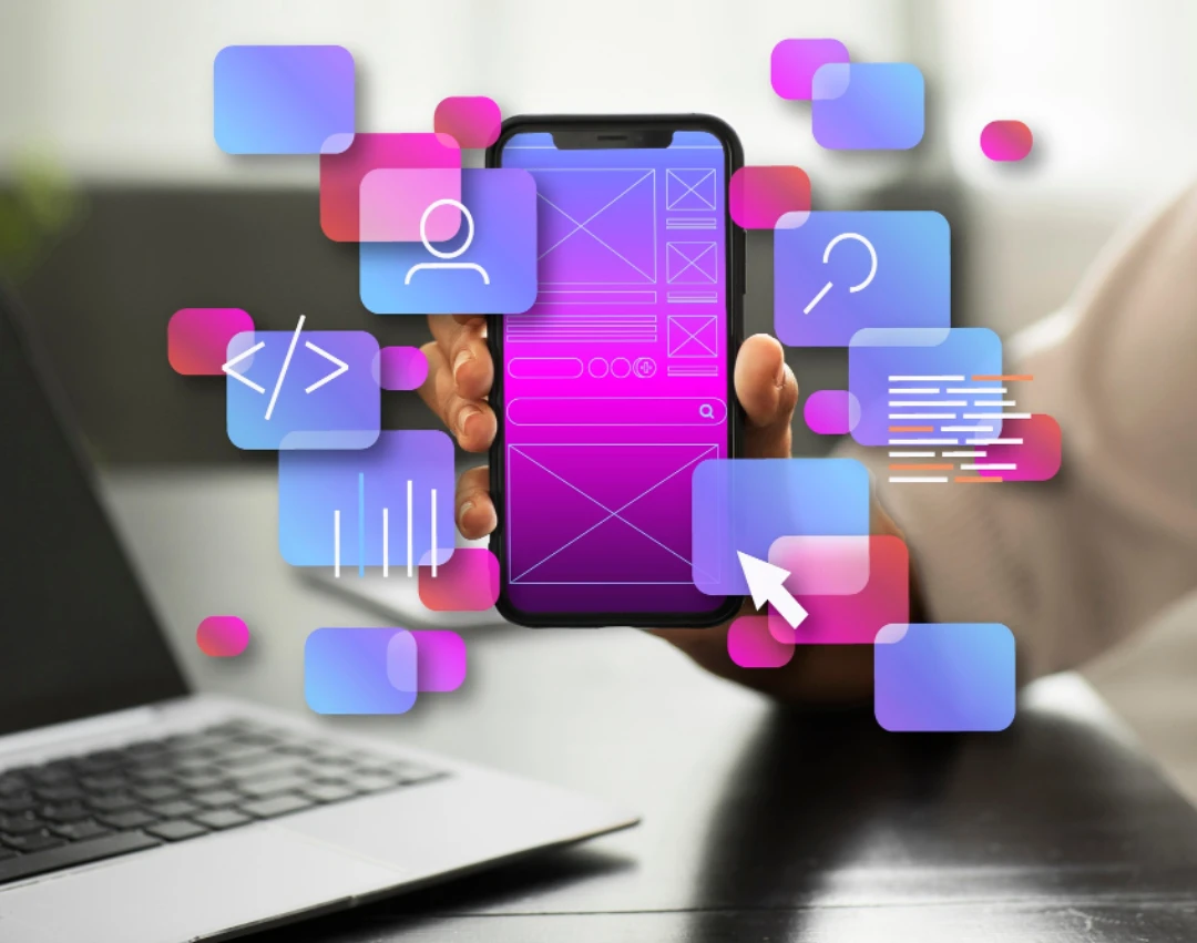 Person holding smartphone with wireframe design, surrounded by digital icons, representing app development and UI/UX design.